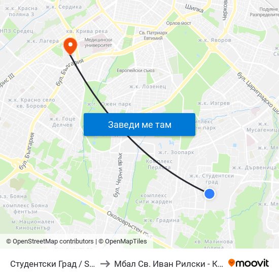 Студентски Град / Students' Town (1693) to Мбал Св. Иван Рилски - Клиника По Ревматология map