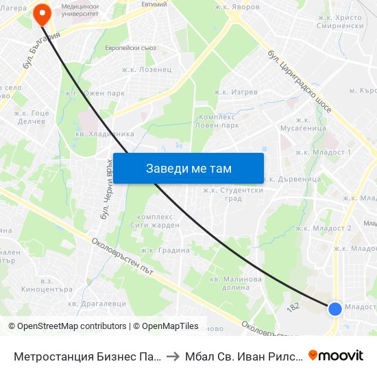 Метростанция Бизнес Парк / Business Park Metro Station (2490) to Мбал Св. Иван Рилски - Клиника По Ревматология map
