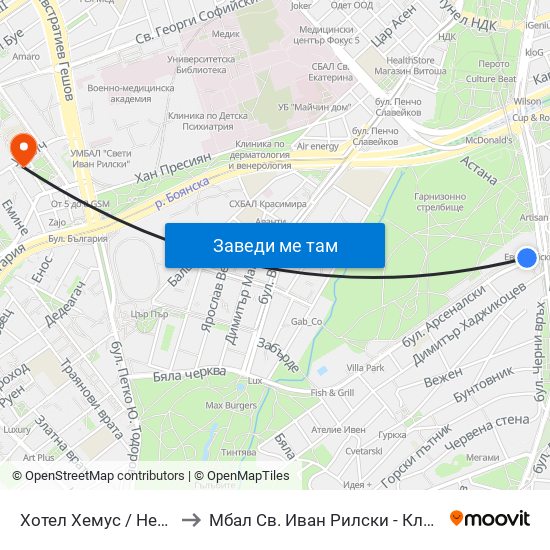 Хотел Хемус / Hemus Hotel (1325) to Мбал Св. Иван Рилски - Клиника По Ревматология map