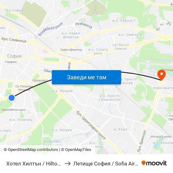Хотел Хилтън / Hilton Hotel (0397) to Летище София / Sofia Airport - Terminal 1 map