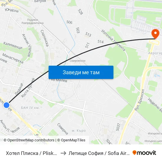 Хотел Плиска / Pliska Hotel (2326) to Летище София / Sofia Airport - Terminal 1 map