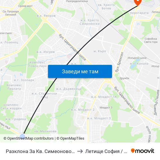 Разклона За Кв. Симеоново / Fork Road To Simeonovo Qr. (1459) to Летище София / Sofia Airport - Terminal 1 map