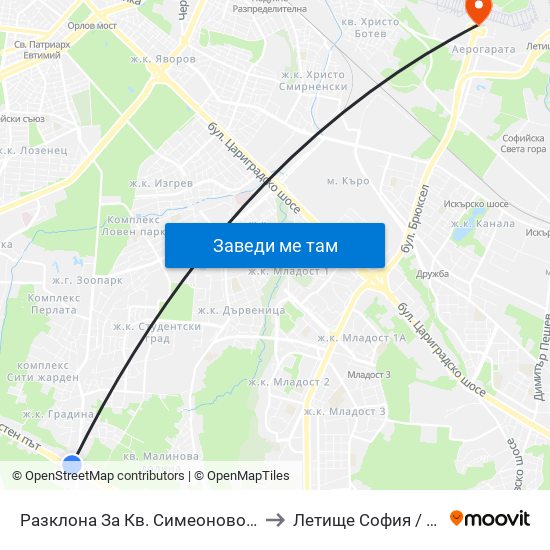 Разклона За Кв. Симеоново / Fork Road To Simeonovo Qr. (1458) to Летище София / Sofia Airport - Terminal 1 map