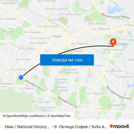 Ним / National History Museum (1464) to Летище София / Sofia Airport - Terminal 1 map