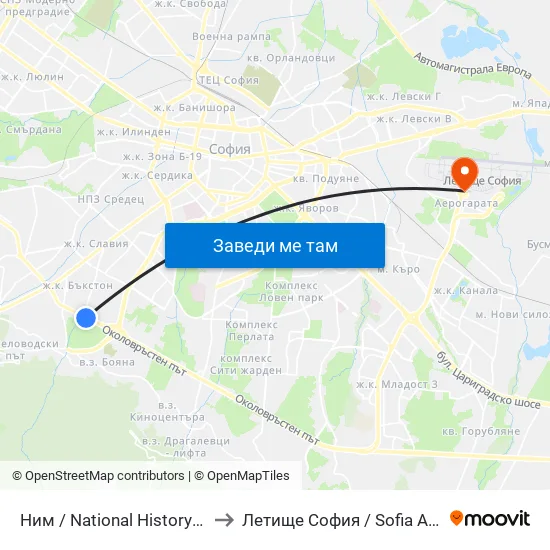 🎨 Ним / National History Museum (1464) to Летище София / Sofia Airport - Terminal 1 map