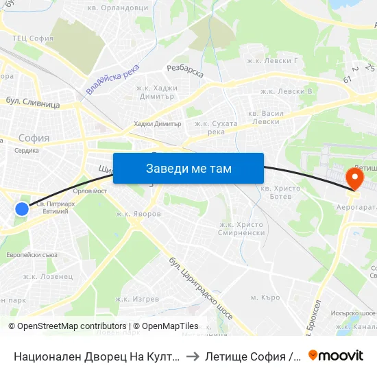Ⓜ️ Национален Дворец На Културата / National Palace Of Culture (1139) to Летище София / Sofia Airport - Terminal 1 map