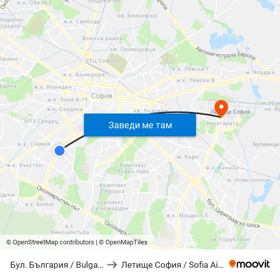 Бул. България / Bulgaria Blvd. (0290) to Летище София / Sofia Airport - Terminal 1 map