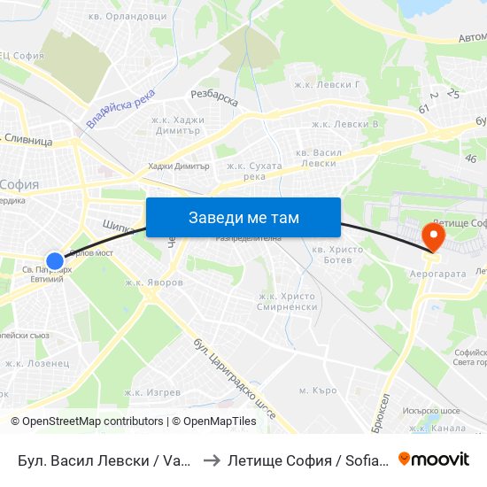 Бул. Васил Левски / Vasil Levski Blvd. (0300) to Летище София / Sofia Airport - Terminal 1 map