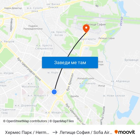 Хермес Парк / Hermes Park (2593) to Летище София / Sofia Airport - Terminal 1 map