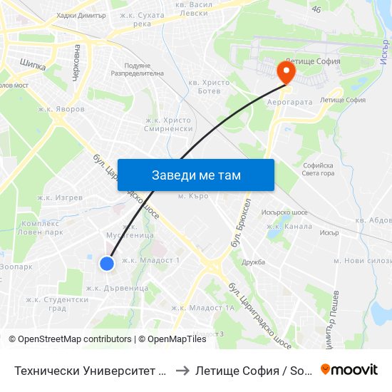 Технически Университет / Technical University (1743) to Летище София / Sofia Airport - Terminal 1 map