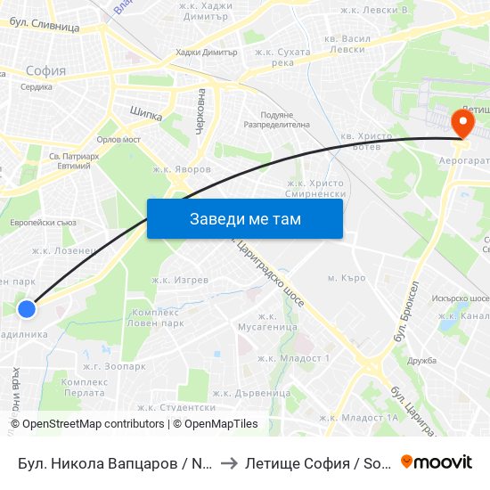 Бул. Никола Вапцаров / Nikola Vaptsarov Blvd. (0344) to Летище София / Sofia Airport - Terminal 1 map