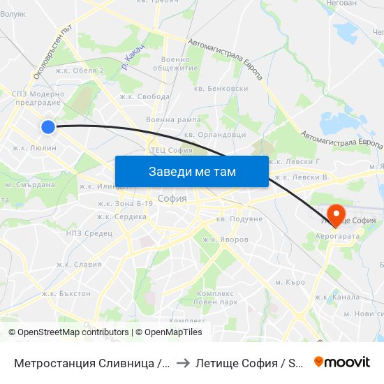 Метростанция Сливница / Slivnitsa Metro Station (1063) to Летище София / Sofia Airport - Terminal 1 map