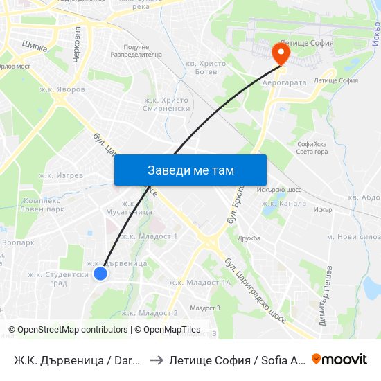 Ж.К. Дървеница / Darvenitsa Qr. (0800) to Летище София / Sofia Airport - Terminal 1 map