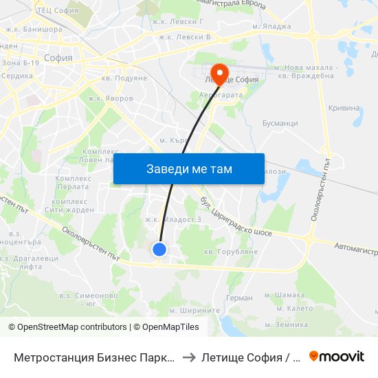 Метростанция Бизнес Парк / Business Park Metro Station (2490) to Летище София / Sofia Airport - Terminal 1 map