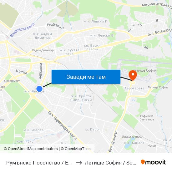 Румънско Посолство / Embassy Of Romania (1489) to Летище София / Sofia Airport - Terminal 1 map