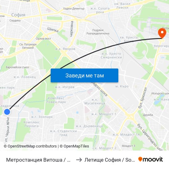Метростанция Витоша / Vitosha Metro Station (2755) to Летище София / Sofia Airport - Terminal 1 map