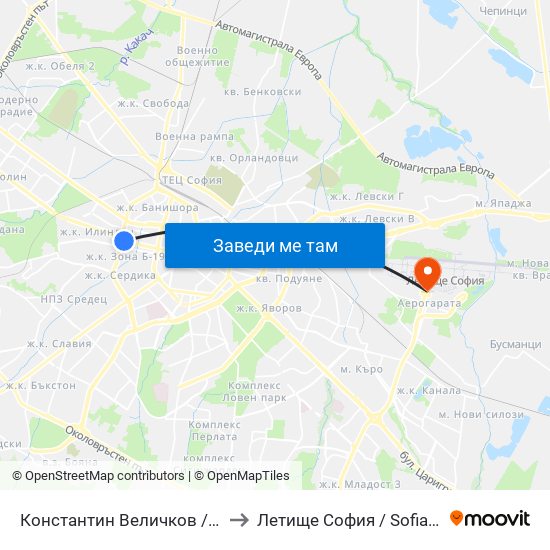 Константин Величков / Konstantin Velichkov to Летище София / Sofia Airport - Terminal 1 map