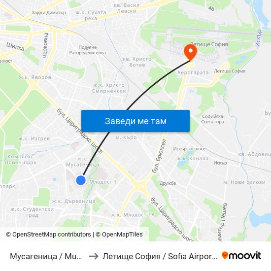 Мусагеница /  Musagenitsa to Летище София / Sofia Airport - Terminal 1 map