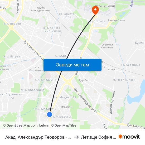 Акад. Александър Теодоров - Балан / Akademik Aleksandar Teodorov - Balan to Летище София / Sofia Airport - Terminal 1 map