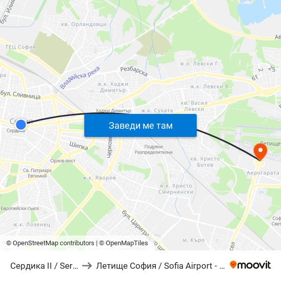 Сердика II / Serdika II to Летище София / Sofia Airport - Terminal 1 map