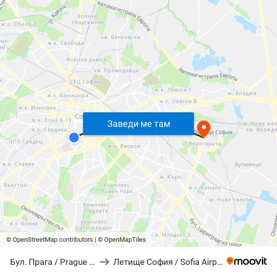 Бул. Прага / Prague Blvd. (0363) to Летище София / Sofia Airport - Terminal 1 map