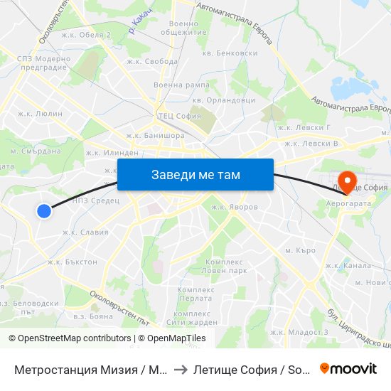 Метростанция Мизия / Moesia Metro Station (6089) to Летище София / Sofia Airport - Terminal 1 map