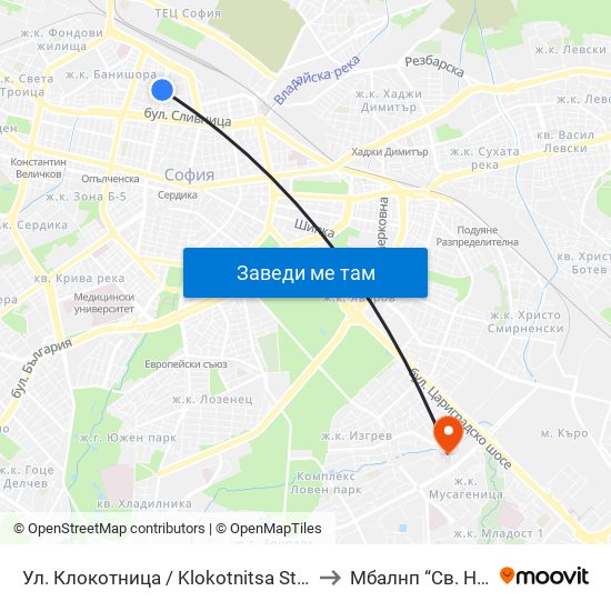 Ул. Клокотница / Klokotnitsa St. (1326) to Mбалнп “Св. Наум” map