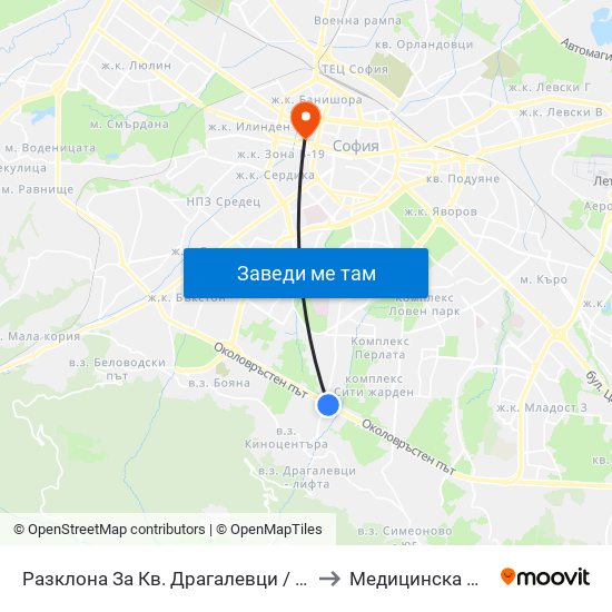 Разклона За Кв. Драгалевци / Fork Road To Dragalevtsi Qr. (1457) to Медицинска Лаборатория Сана map