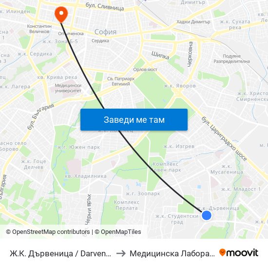 Ж.К. Дървеница / Darvenitsa Qr. (0800) to Медицинска Лаборатория Сана map