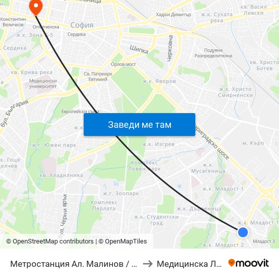Метростанция Ал. Малинов / Al. Malinov Metro Station (0170) to Медицинска Лаборатория Сана map