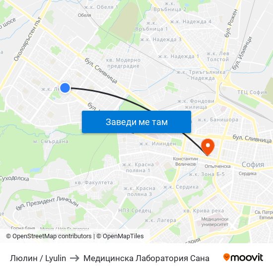 Люлин / Lyulin to Медицинска Лаборатория Сана map