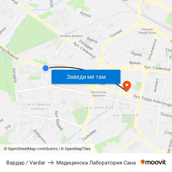 Вардар / Vardar to Медицинска Лаборатория Сана map