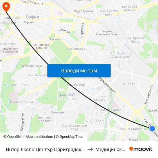 Интер Експо Център Цариградско Шосе / Inter Expo Center – Tsarigradsko Shose to Медицинска Лаборатория Сана map