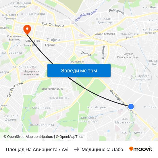 Площад На Авиацията / Aviation Square (1258) to Медицинска Лаборатория Сана map