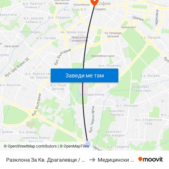 Разклона За Кв. Драгалевци / Fork Road To Dragalevtsi Qr. (1457) to Медицински Център Св. Мина map