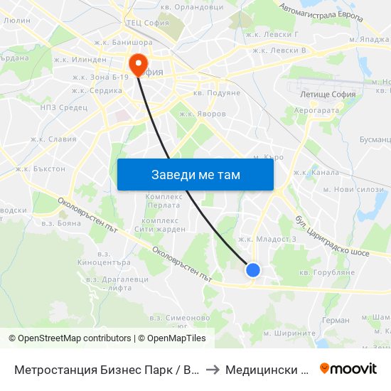 Метростанция Бизнес Парк / Business Park Metro Station (2490) to Медицински Център Св. Мина map