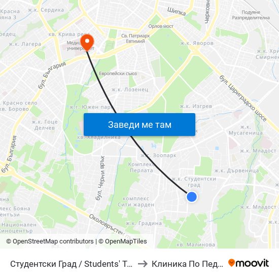 Студентски Град / Students' Town (1693) to Клиника По Педиатрия map