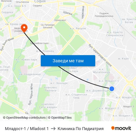 Младост-1 / Mladost 1 to Клиника По Педиатрия map