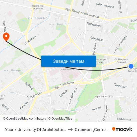 Уасг / University Of Architecture (0386) to Стадион „Септември“ map