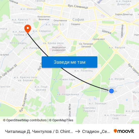 Читалище Д. Чинтулов / D. Chintulov Library (2366) to Стадион „Септември“ map