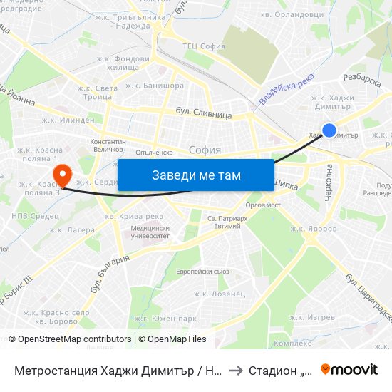 Метростанция Хаджи Димитър / Hadzhi Dimitar Metro Station (0303) to Стадион „Септември“ map