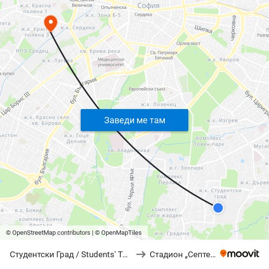 Студентски Град / Students' Town (1693) to Стадион „Септември“ map