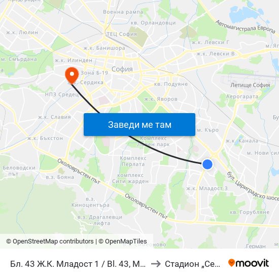 Бл. 43 Ж.К. Младост 1 / Bl. 43, Mladost 1 Qr. (0218) to Стадион „Септември“ map