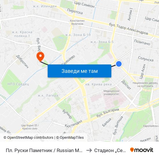 Пл. Руски Паметник / Russian Monument Sq. (1296) to Стадион „Септември“ map