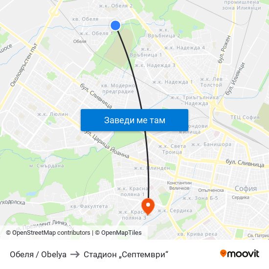 Обеля / Obelya to Стадион „Септември“ map