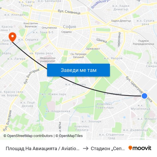 Площад На Авиацията / Aviation Square (1257) to Стадион „Септември“ map
