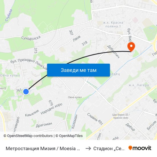 Метростанция Мизия / Moesia Metro Station (6089) to Стадион „Септември“ map