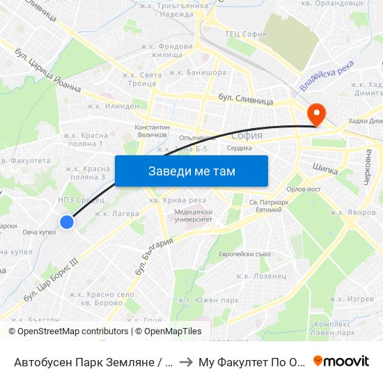 Автобусен Парк Земляне / Zemlyane Bus Depot (0079) to Му Факултет По Обществено Здраве map