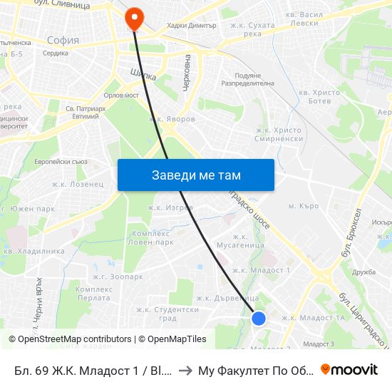 Бл. 69 Ж.К. Младост 1 / Bl. 69, Mladost 1 Qr. (0247) to Му Факултет По Обществено Здраве map