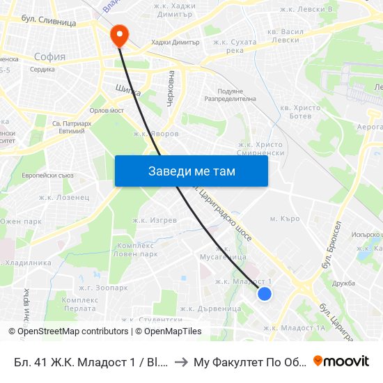 Бл. 41 Ж.К. Младост 1 / Bl. 41, Mladost 1 Qr. (0210) to Му Факултет По Обществено Здраве map
